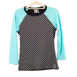 Bleu Rod Beattie Black And White Polka Dot Aqua Sleeve Swim Top